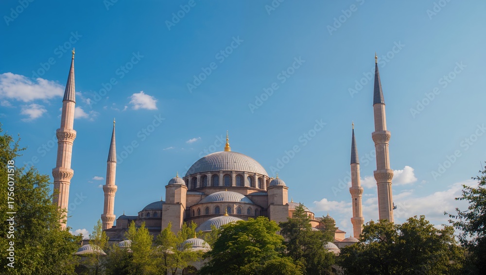Fototapeta premium Stunning Summer Sky Over a Grand Mosque with Dome and Minarets