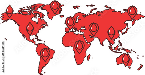 Red world map with location pins, showing global presence or distribution.