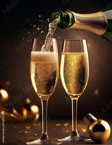 A bottle of champagne and glasses; champagne is poured from the bottle into two glasses, for example, at a party, a celebration, a birthday, or New Year’s.
