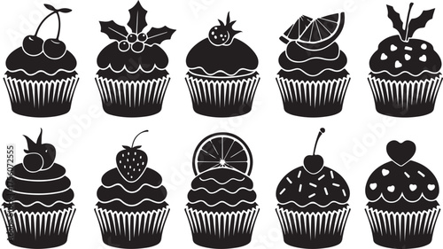 Black and white cupcake silhouette collection with toppings for bakery design and celebration graphics