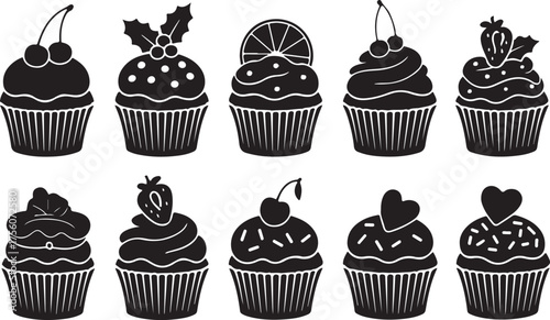 Decorative cupcake shapes isolated on white for confectionery, cafe, and sweet treat artwork