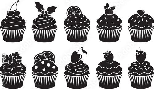 Collection of cupcake icons black silhouette set for bakery, dessert, and food design vector illustration