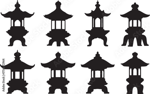 Collection of pagoda and shrine silhouettes black vector icons for Asian culture, travel, and architecture design