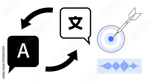 Speech bubbles with language symbols, translation arrows, target with dart, soundwave graphic. Ideal for communication, translation, linguistics, efficiency accuracy AI global reach. Simple flat