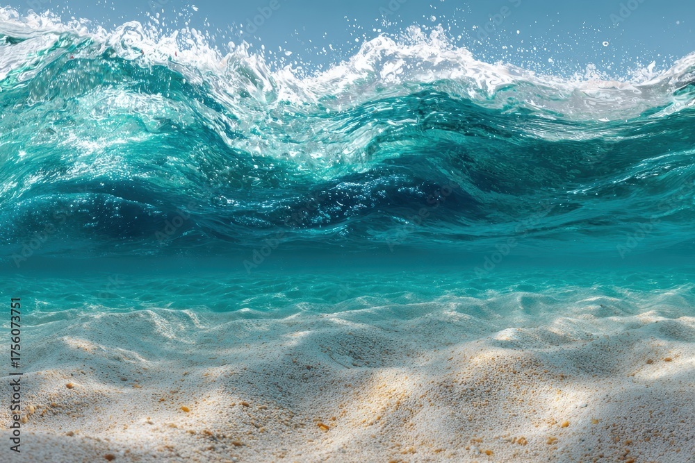Obraz premium Crystal blue wave breaks above a white sandy seabed, light dancing. Perfect for travel blogs, ocean conservation, or coastal vacation ads.