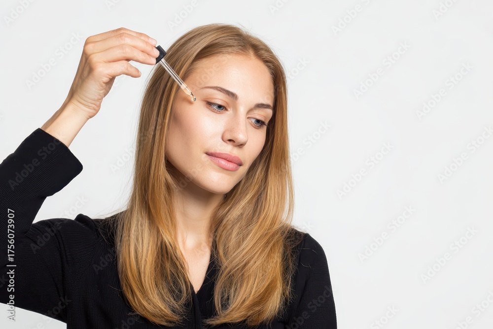 Fototapeta premium Young woman applying serum on her face. Caucasian 20s girl holding dropper skin care product. Female applies essential oil with oily pipette. Advertising facial care cosmetics. Health, youth. Serums