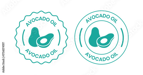 Avocado oil label set. Avocado with oil drop label, logo, badge, sticker, symbol, emblem, stamp, circle, line, flat vector isolated on white background. Avocado oil label for product packaging design.