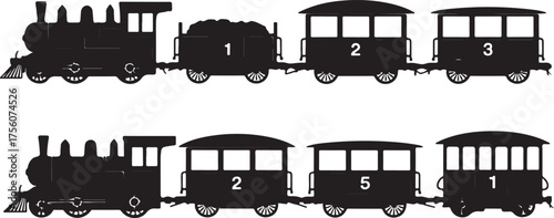 Retro steam engine with labeled carriages black silhouette artwork for transportation and logistics concept illustration