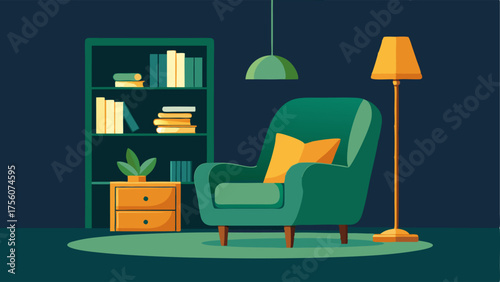 A cozy reading nook with a velvet emerald green armchair a gold floor lamp and a stacked bookshelf.