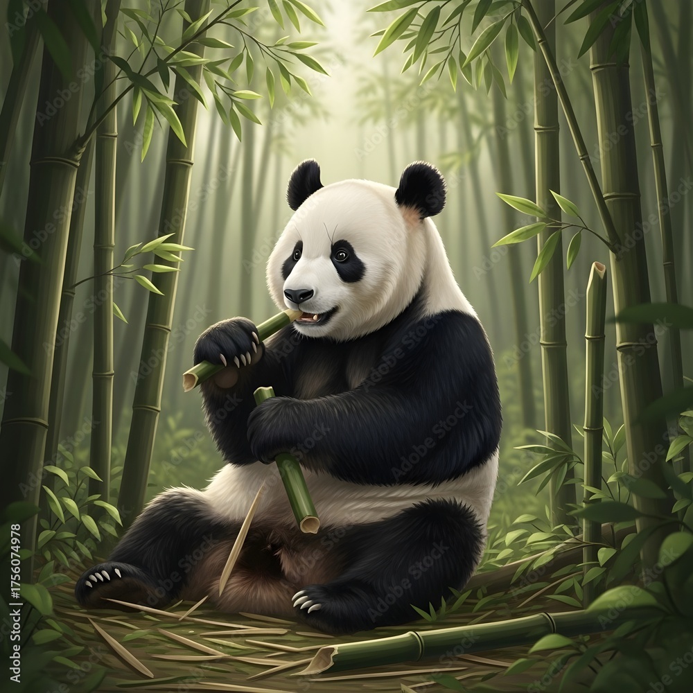 Obraz premium Adorable Giant Panda Sitting Amongst Lush Bamboo Forest, Enjoying a Snack