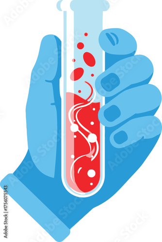 A gloved hand holds a blood-filled test tube.