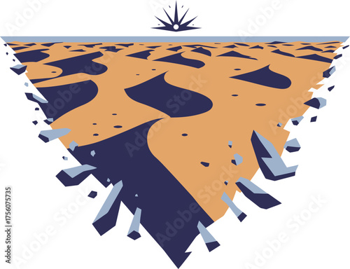 Stylized desert landscape in a triangle shape, with surreal geometric elements.