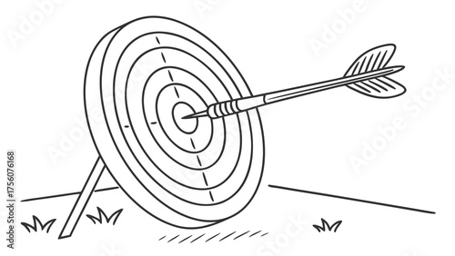 Hit the bullseye with a dart, perfect aim, achieving success, hand-drawn doodle style showing focus and precision for business and design concepts