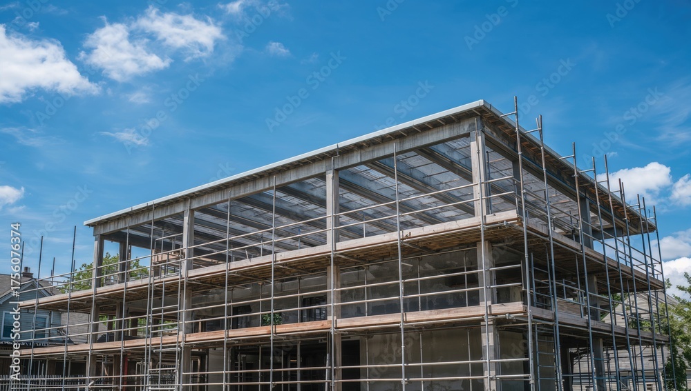 Naklejka premium A structure being built surrounded by wooden scaffolding