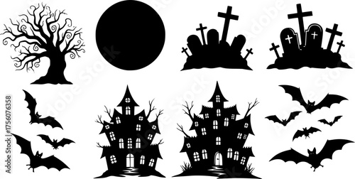 Classic Spooky Halloween Scenery Black Silhouette Set: Barren Tree, Full Moon, Haunted House, Graveyard, and Flying Bats Vector Graphics.	