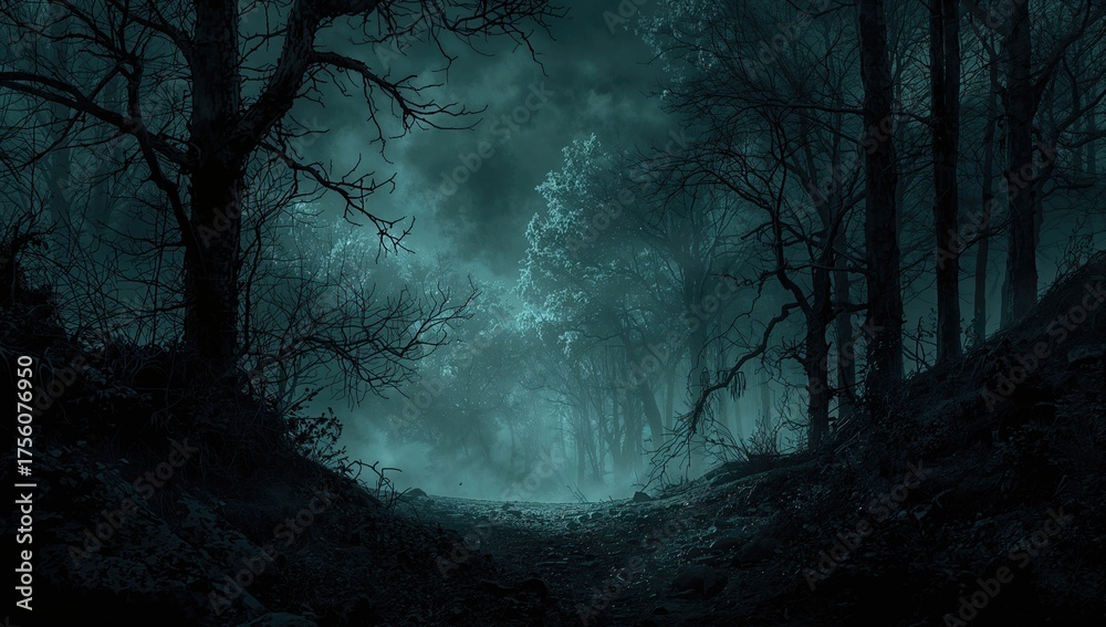 Fototapeta premium A spooky scene set in a ghostly forest captured in this illustration. Imagine a Halloween-themed woodland. Illustrated in a comic-book manner. A strange, dark, and frightening visual backdrop created