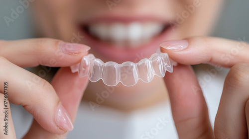 Clear aligner: A woman smiles, holding transparent dental aligners. Cropped view, focusing on teeth straightening and orthodontic healthcare. Orthodontic solution.