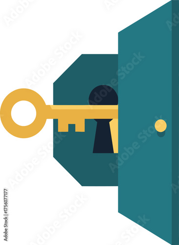 A key inserted into a teal door lock, isolated on a white background.