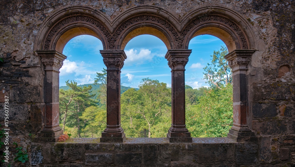 Obraz premium Looking through a historic stone window at lush greenery and the sky
