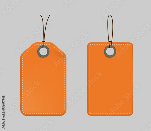 Vector two cardboard tags with string. Orange cardboard tag template.