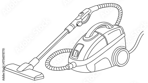 Detailed line art illustration of a canister vacuum cleaner ideal for cleaning projects or DIY home improvement guides, rendered in a modern style