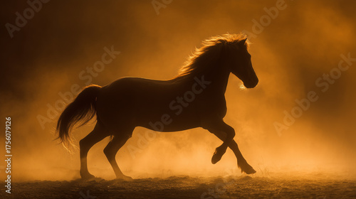 galloping. A majestic stallion galloping through desert haze, mane flowing in sunset light. inspiring travel planning, wildlife magazines, designed for eco-tourism storytelling.