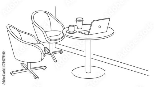Modern workspace outline showcases sleek laptop, chairs, and coffee for remote work inspiration, perfect for blog posts and design portfolios, originally a scalable vector
