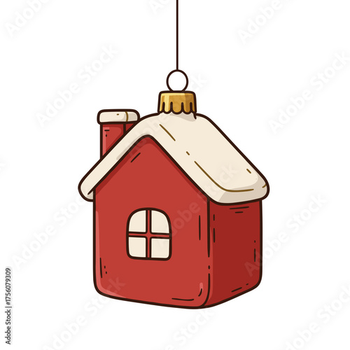 Red holiday house ornament with snow on the roof  
