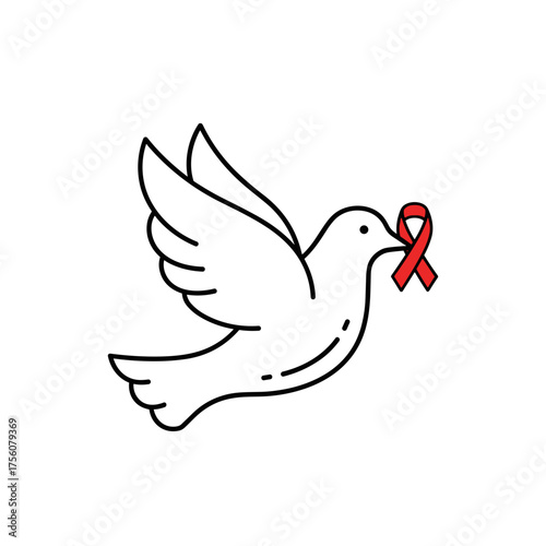 Dove carrying red awareness ribbon symbolizing peace and support  