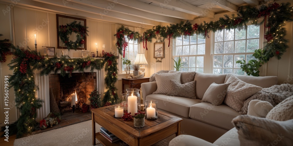 Fototapeta premium Cozy living room with festive holiday decorations and candlelit ambiance