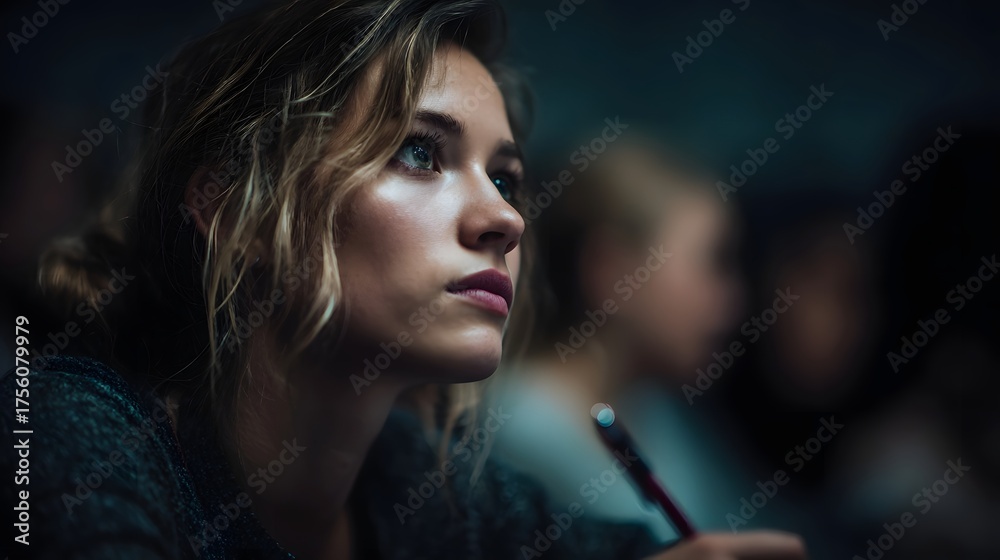 Fototapeta premium A young woman in a classroom setting focused and thoughtful attentively listening or taking notes with a pen