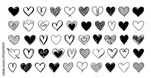 Hand drawn doodle hearts set. Black and white monochrome scribble chalk and crayon drawn hearts vector set