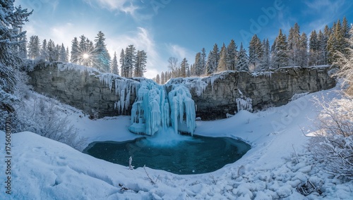 Icy cascade of the Chegemsky waterfall during winter