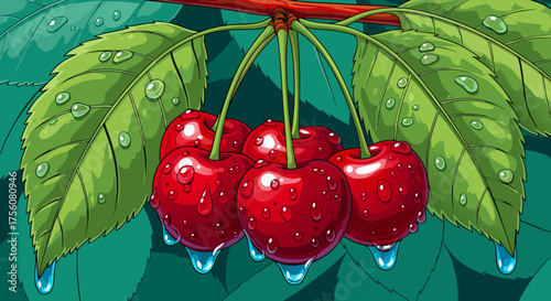 Ripe red cherries with water droplets hanging from a branch with green leaves in a close-up illustration