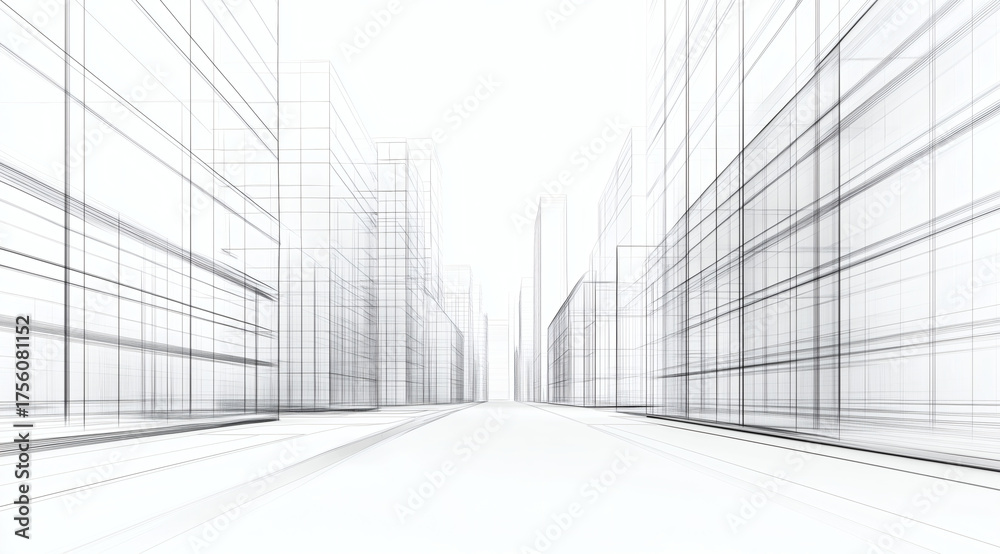 Fototapeta premium Architectural sketch of modern city street with structured buildings, perspective lines and clean design reveal creative urban planning.