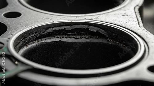 Close-up of a damaged engine cylinder head gasket showing wear and tear.
