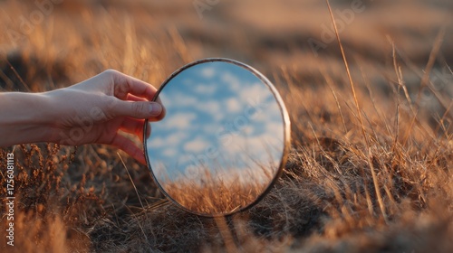 Hand Holding Round Mirror Reflecting Sky In Dry Grass Field. Symbolizes Reflection And Nature'S Beauty