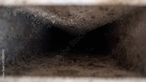 Close-up of a heavily soiled HVAC air vent with a dust-filled filter needing urgent cleaning and disinfection to avoid respiratory health issues