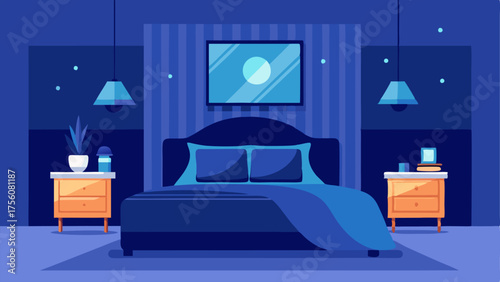 A cozy bedroom with a plush velvet bed in a deep blue color paired with a nightstand in a geometric patterned wood finish.