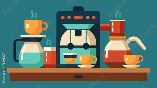 A coffee station with a carafe and cups for attendees to help themselves to refreshments.