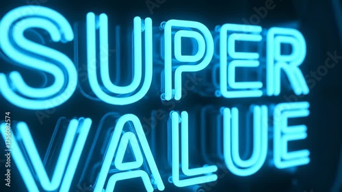Glowing Neon Sign 'SUPER VALUE' in Blue Light Illuminates the Darkness with Brilliance