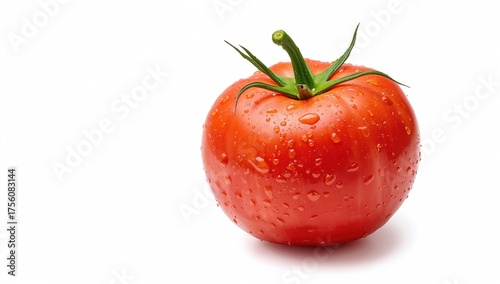 Wallpaper Mural Bright red tomato covered in water droplets on a clean white surface with clipping path. Isolated, natural, fresh, garden, health, food, leaf, green, water Torontodigital.ca