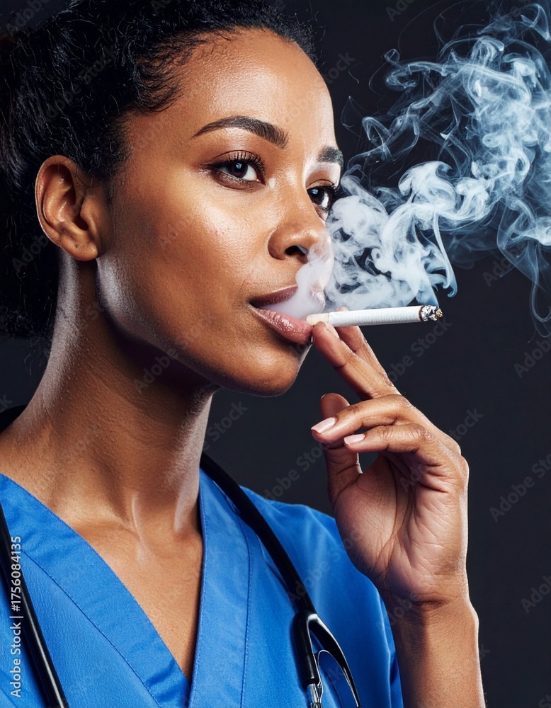 Fototapeta premium Medical Exhaustion Striking 3D Render Wallpaper portraying healthcare worker smoking, rendered precise Cinematic Lighting bold