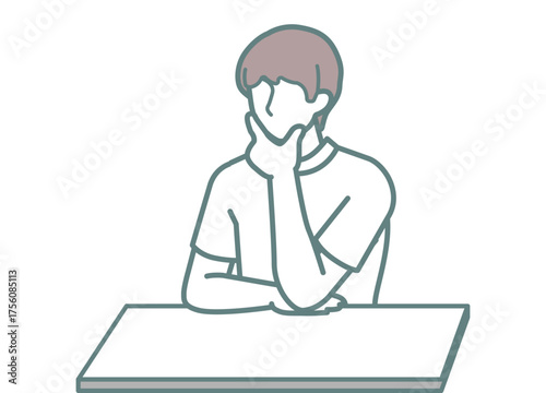Man touching his face while thinking, sitting at a desk, shown in color. Useful for illustrating contemplation, problem-solving, or deep thought in business and educational content.