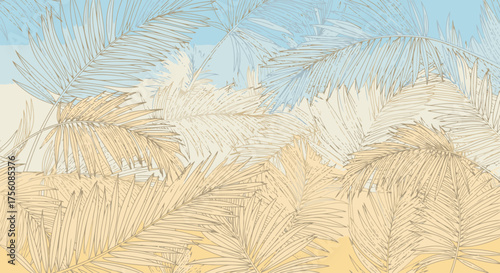 Tropical Palm Leaves Pattern with Light Blue Sky and Yellow Sand Beach. Ideal for Summer Backgrounds, Textile Prints, or Decorative Wallpapers