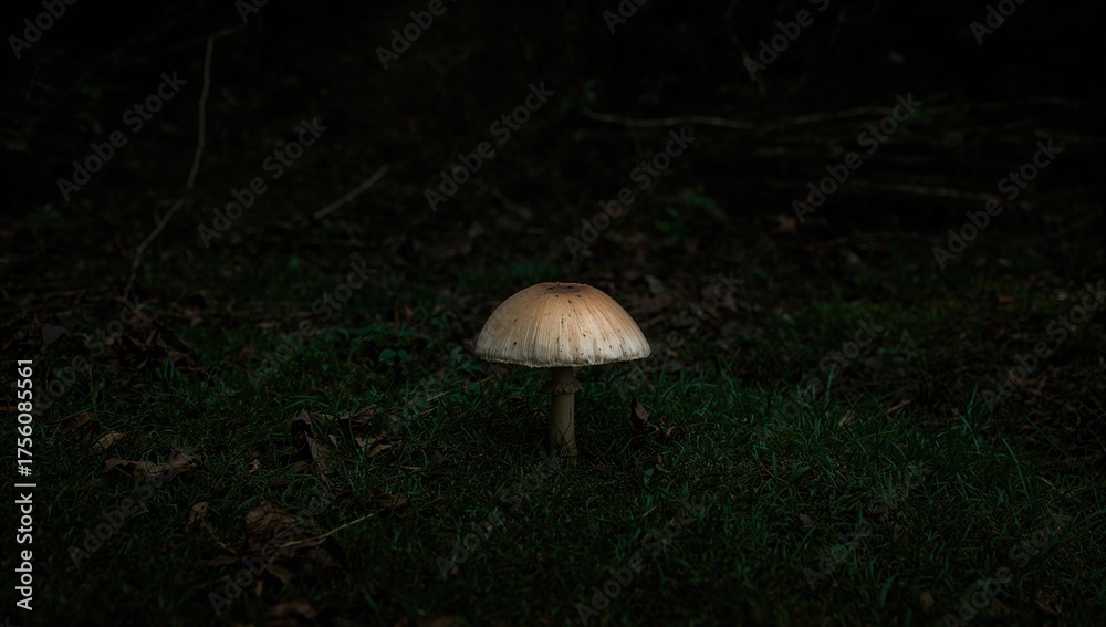 Fototapeta premium A mesmerizing photo showcasing a beige mushroom amidst deep green foliage and dim woodland shadows, creating an enchanting vibe that sparks curiosity.