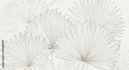 Elegant botanical line art featuring palm leaves in a seamless pattern for sophisticated wallpaper, fabric design, or tropical themed graphic projects.