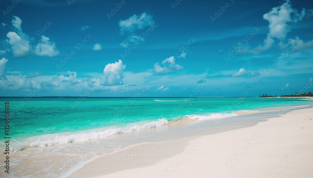 Fototapeta premium Toddler Shore on Tropical Island, Powdery Sand and Crystal Clear Turquoise Waters in the Caribbean Sea