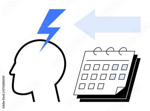 Silhouette head hit by lightning bolt next to an arrow pointing to a calendar. Ideal for innovation, planning, scheduling, brainstorming, deadlines, creativity, and productivity. Clean flat metaphor