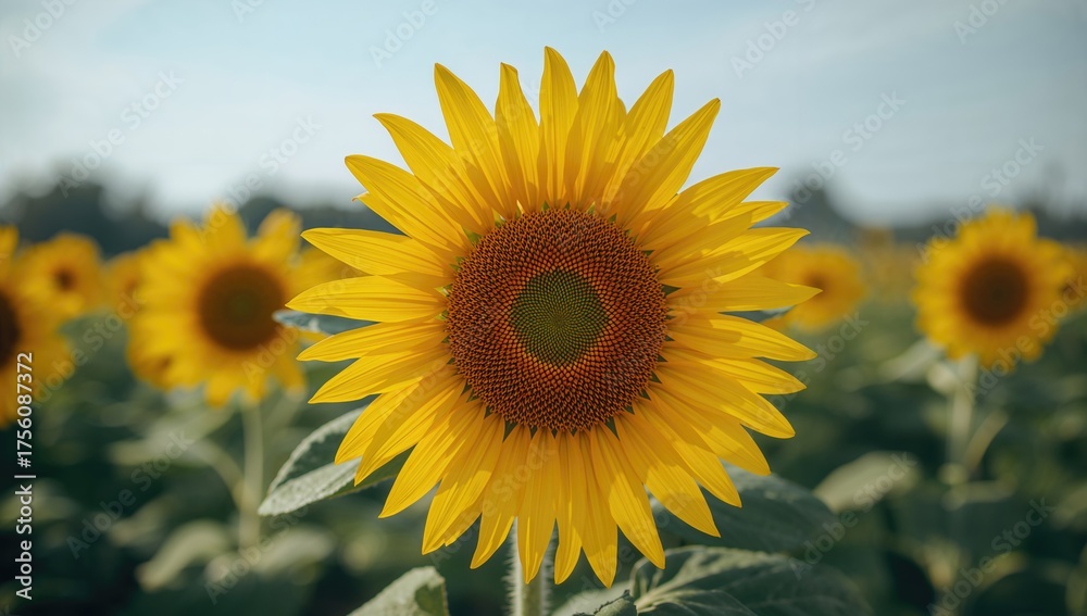 Fototapeta premium Vibrant yellow sunflower basking in sunlight across farmland